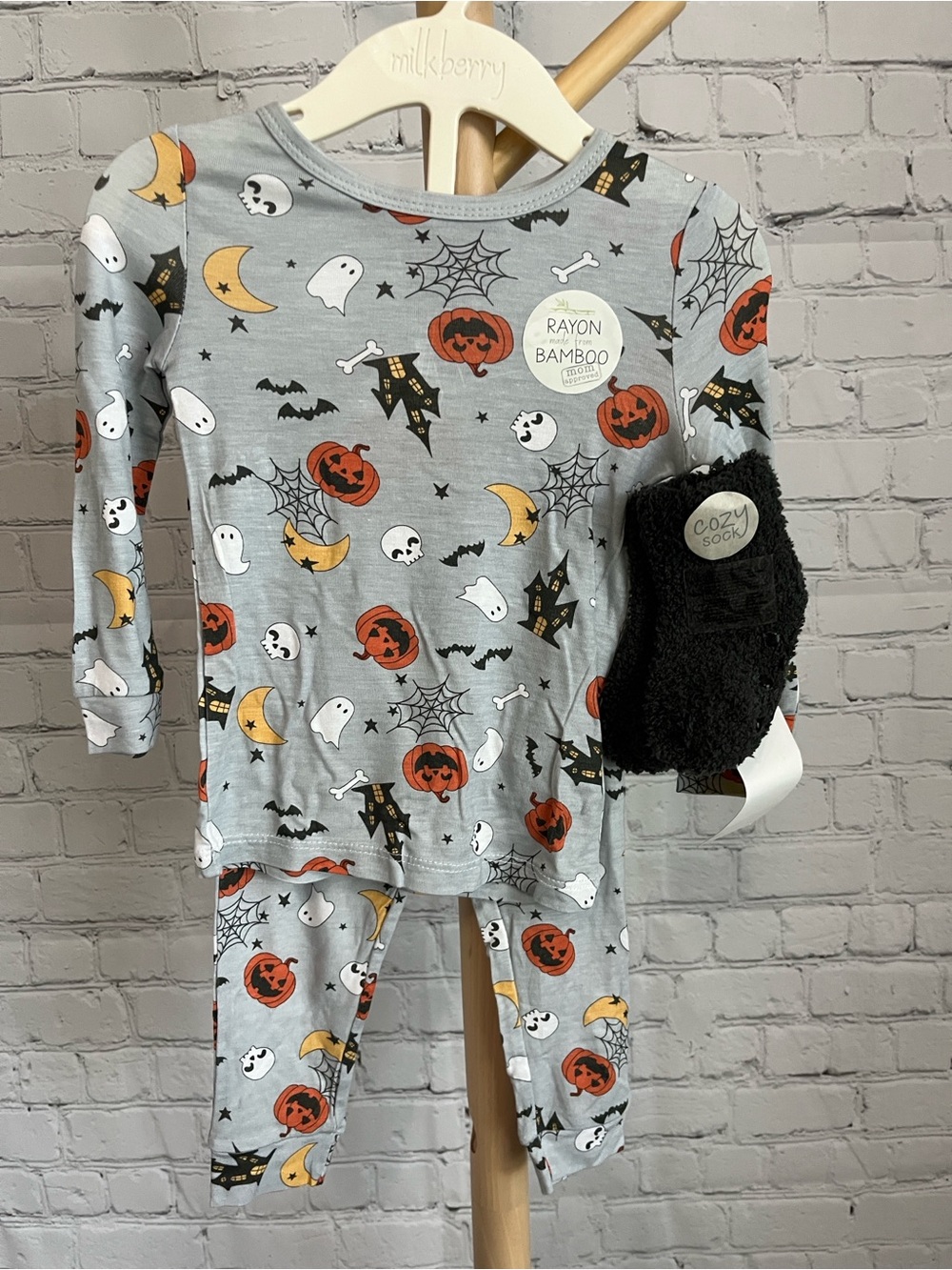 Milkberry Gray Halloween Kids Pajama Costume Set with Black Cozy Socks